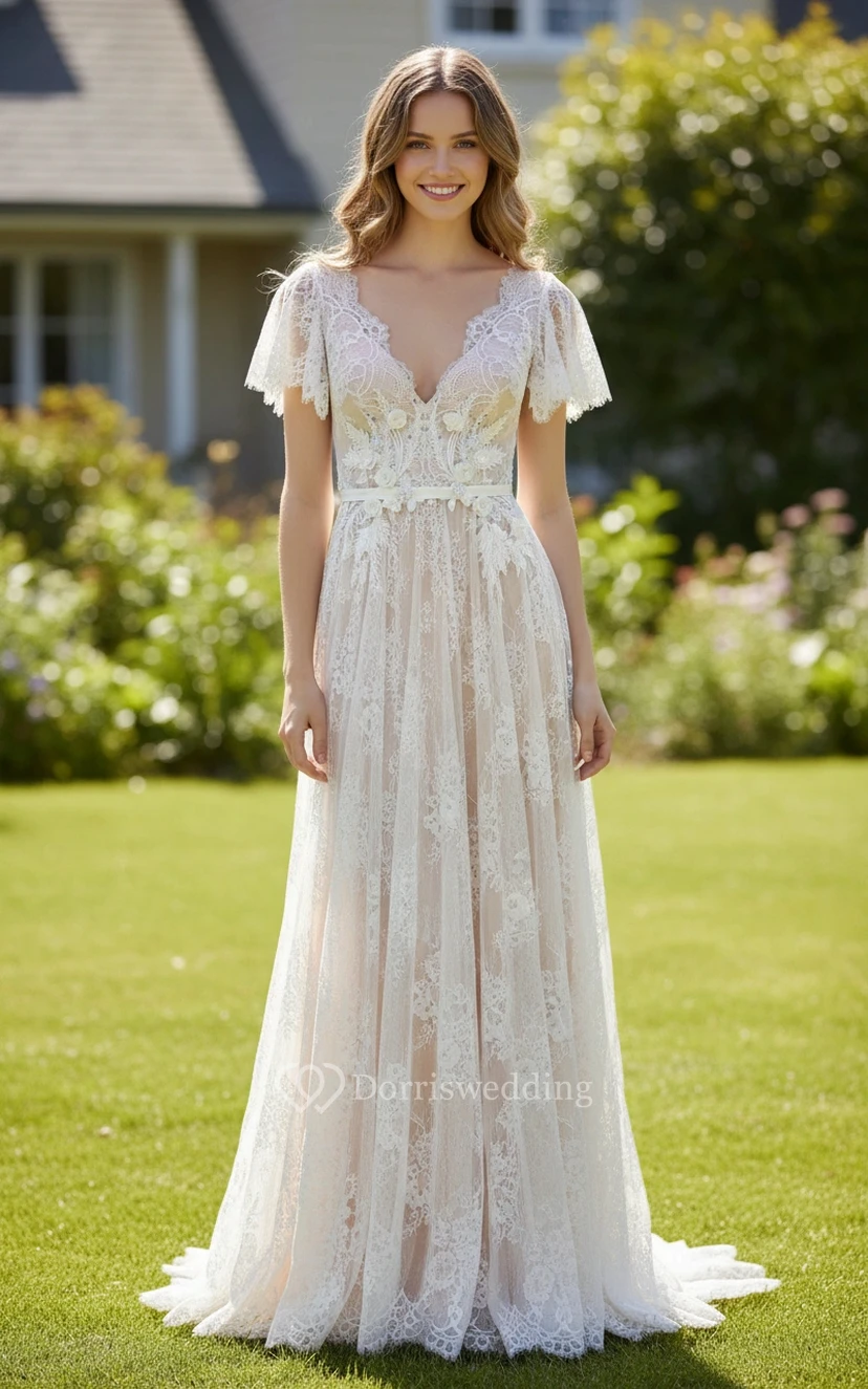Vestido de novia bohemio rústico con encaje y curvas view 3