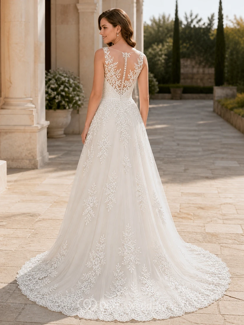 Vestido de novia romántico de corte A, escote redondo, sin mangas y cola de capilla con encaje view 2