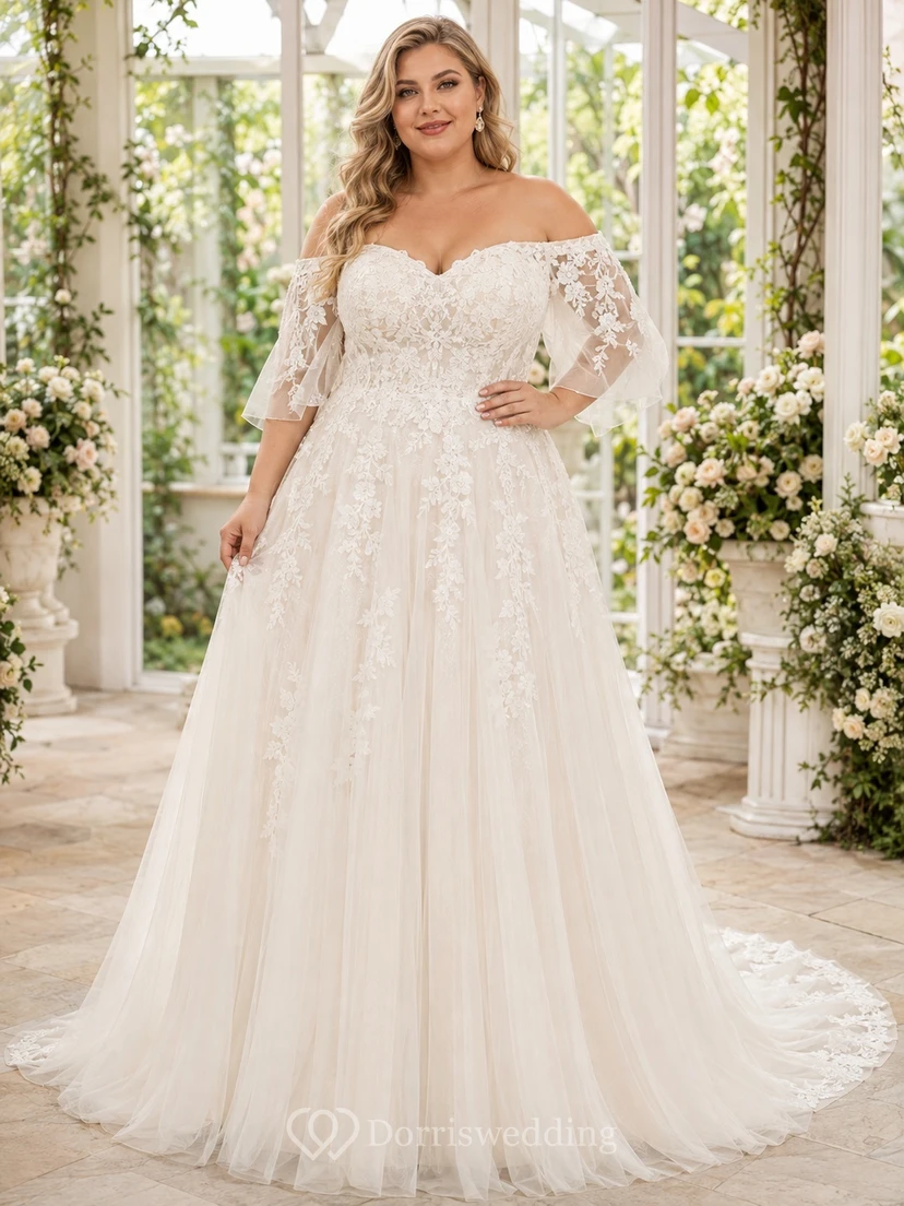 Lace Off-Shoulder Plus-Size A-Line Floor-Length Sweep Train Three-Quarter-Sleeve Bridal Gown