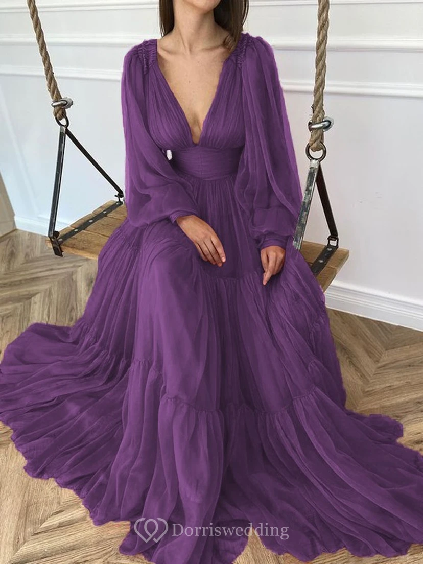Sexy V-neck Puff Long Sleeve Chiffon Layered Empire Dress view 14