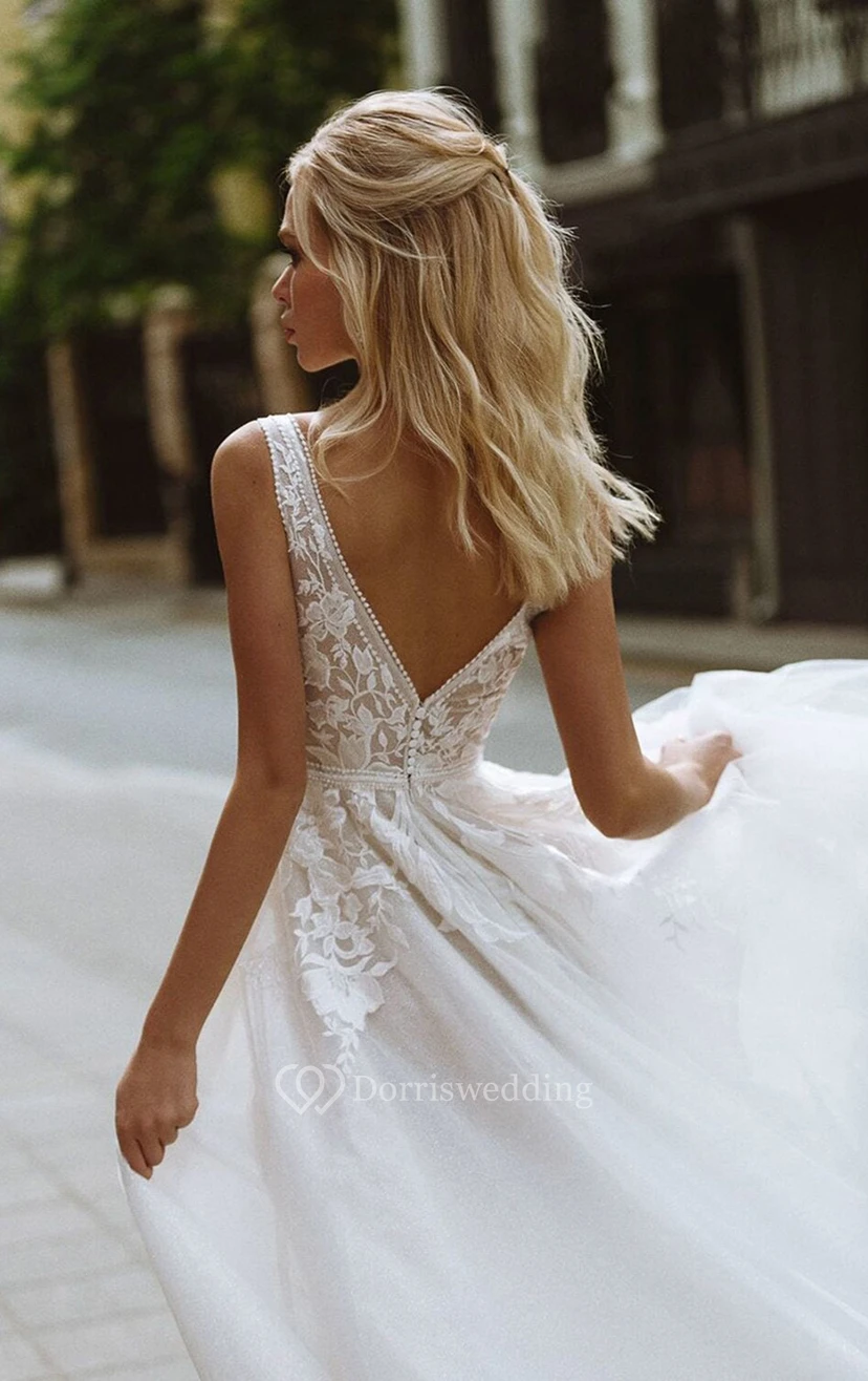 Robe de mariée sexy en dentelle, décolleté en V, coupe empire décontractée, trapèze, style A ... empire view 4