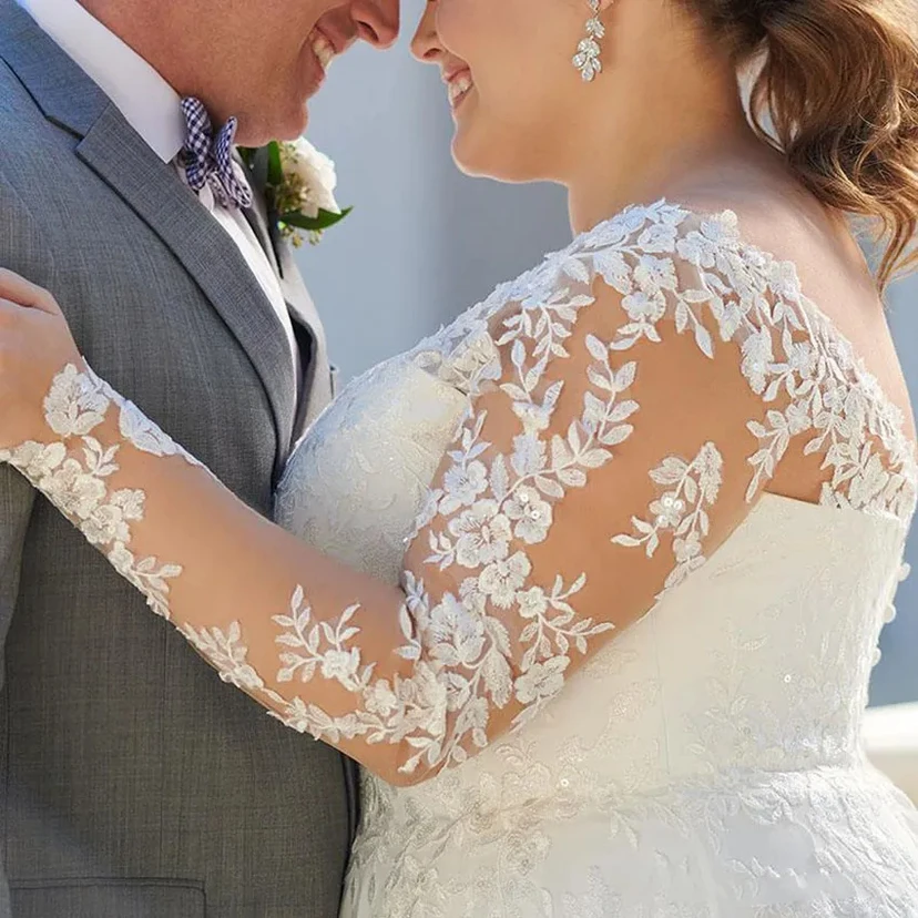 Plus-Size Lace A-Line Wedding Dress with Long Sheer Sleeves view 4