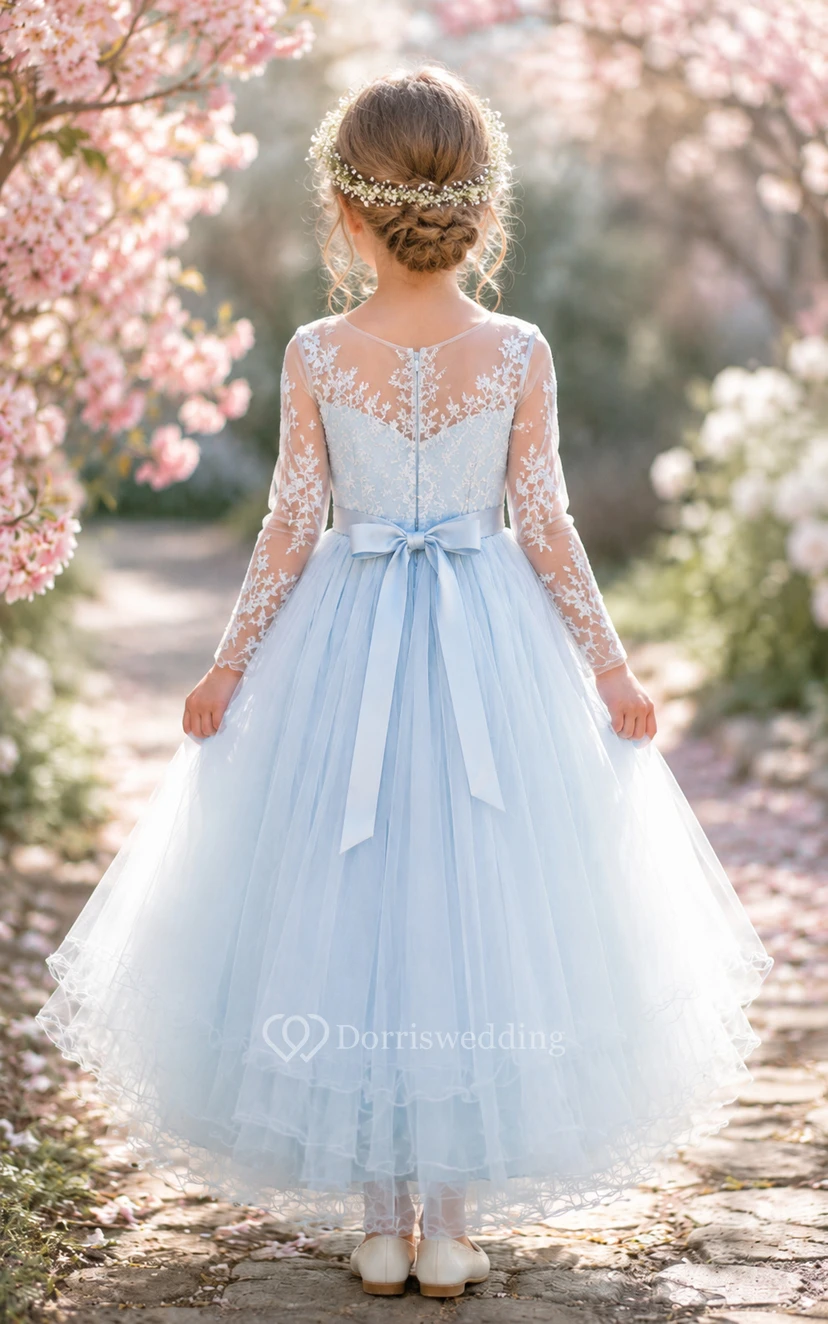 A-line Tea-length Long Sleeve Illusion Tulle Lace Flower Girl Dress with Blue long lace sleeves and airy tulle skirt view 2