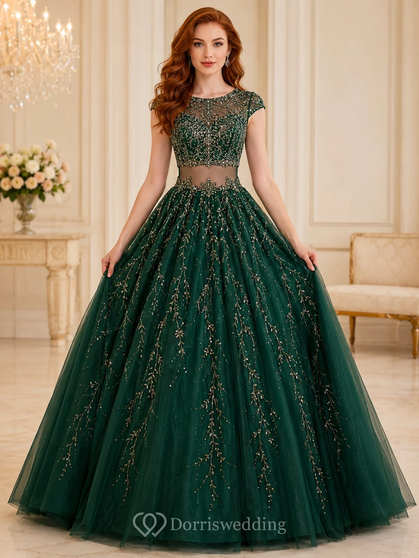 Dunkelgrünes, goldenes Luxus-Ballkleid für süße Sechzehnjährige, zweiteilig, mit Perlen besetzt und mit kurzen Ärmeln