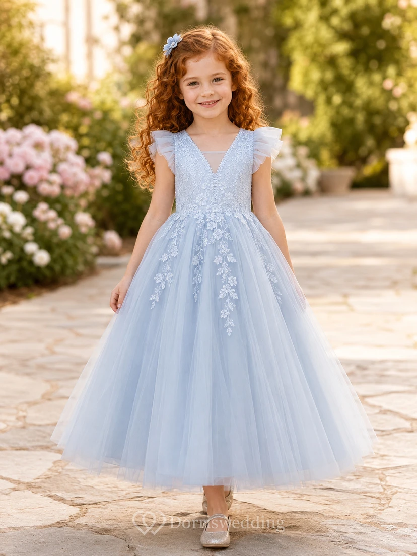Blue Tulle A-Line Flower Girl Dress with Short Sleeves, Jewel Neck and Tea-Length Skirt