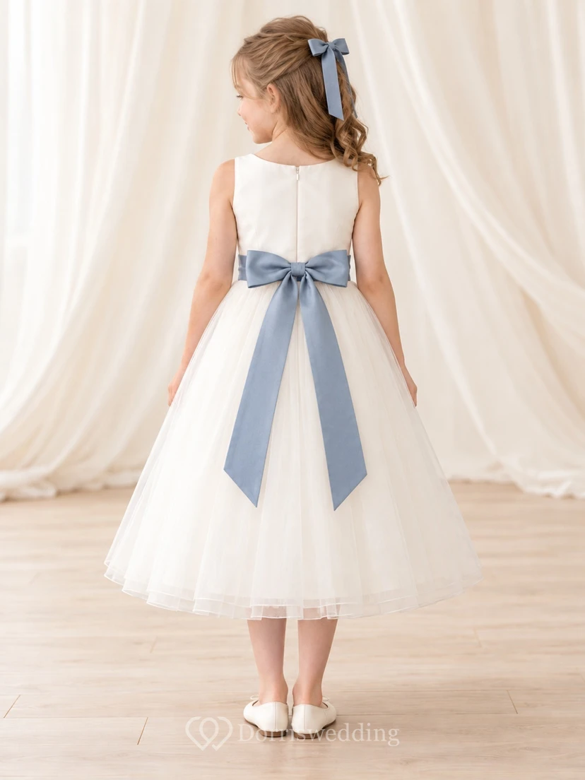Tea-length Simple Ivory A-line Tulle Sleeveless Blue-sash Bow-back Flower Girl Dress view 2