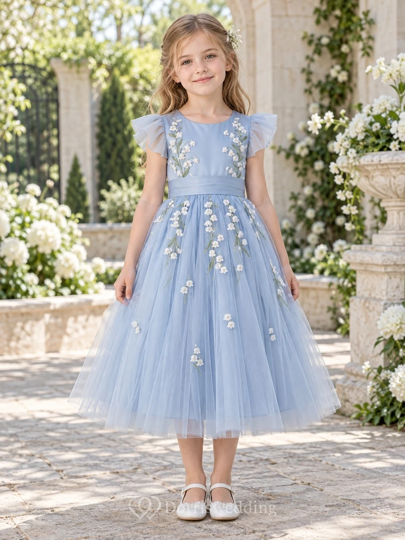Tea-length Steel Blue Flutter Sleeve Floral Trail Tulle A-line Flower Girl Dress