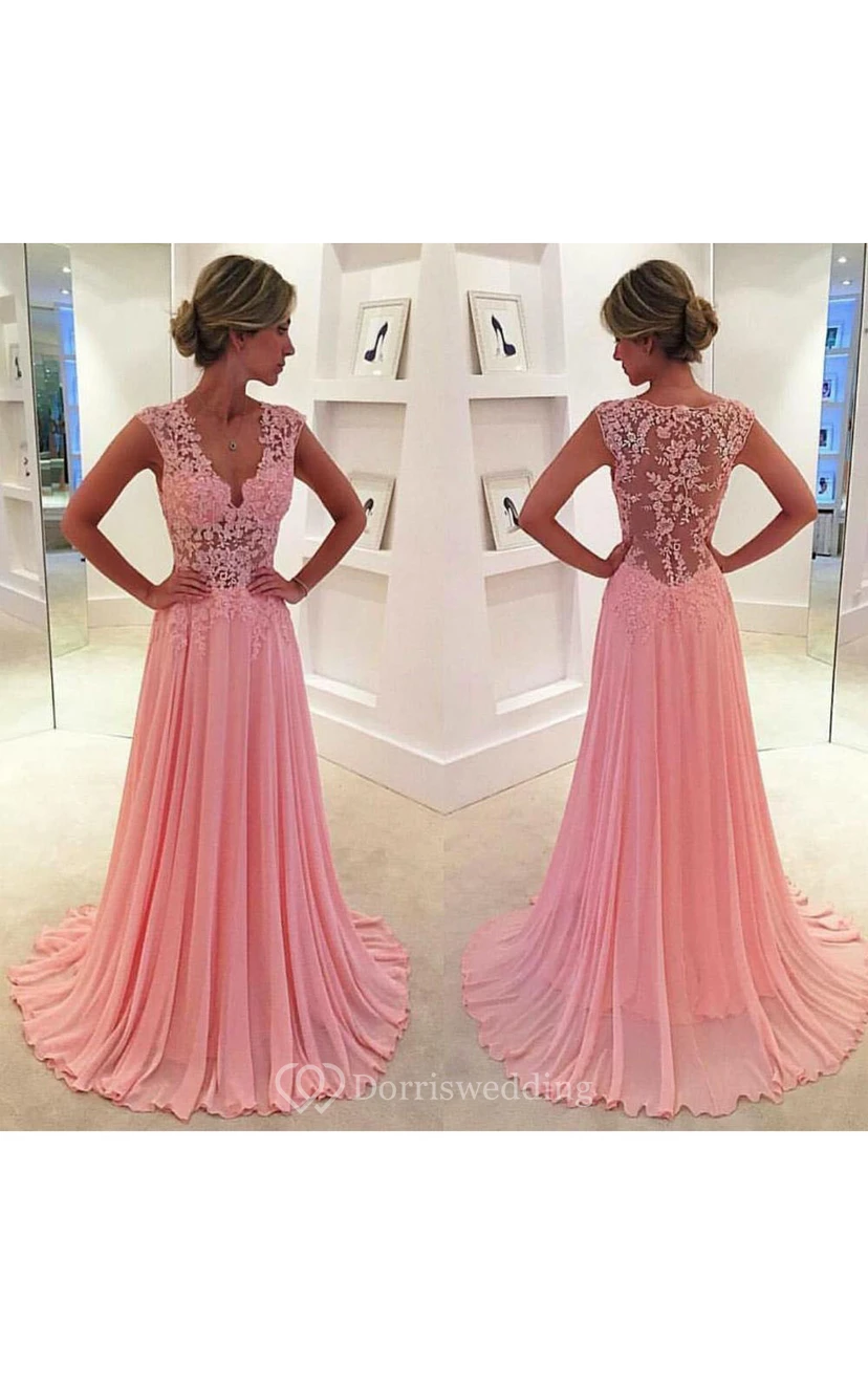 Wunderschönes, ärmelloses, pinkfarbenes Chiffon-Abendkleid mit Spitzenapplikationen view 2