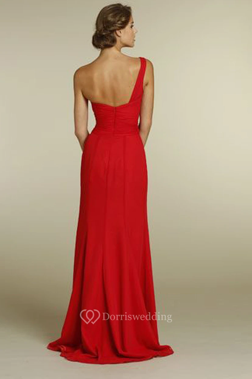 One-Shoulder Sleeveless Ruched Chiffon Bridesmaid Dress With Brush Train view 3