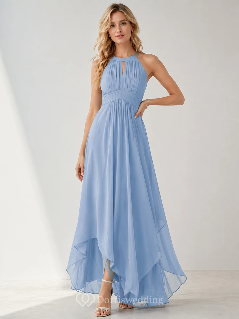 Elegant Burgundy Chiffon Halter Neck Evening Gown with Flowing High-Low Hem view 7
