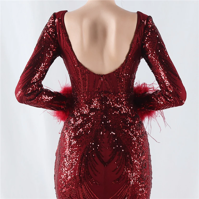 Robe de soirée haut de gamme ornée de perles florales fixes et de poils d'autruche, hôte de la réunion annuelle d'hiver view 16