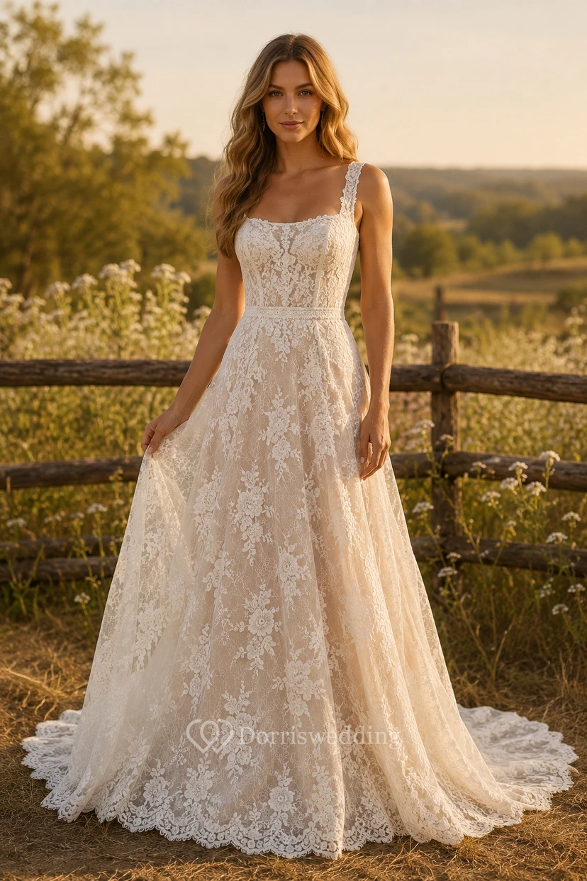 Boho Spaghetti Strap Lace A-Line Wedding Dress