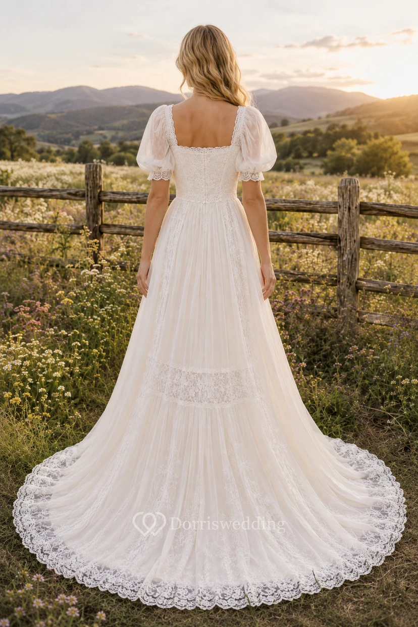 Boho-Hochzeitskleid in A-Linie mit Puffärmeln und Schleppe aus Spitze view 2