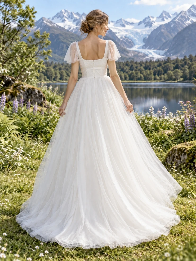 Einfaches Brautkleid aus Tüll in A-Linie mit eckigem Ausschnitt, Puffärmeln view 2