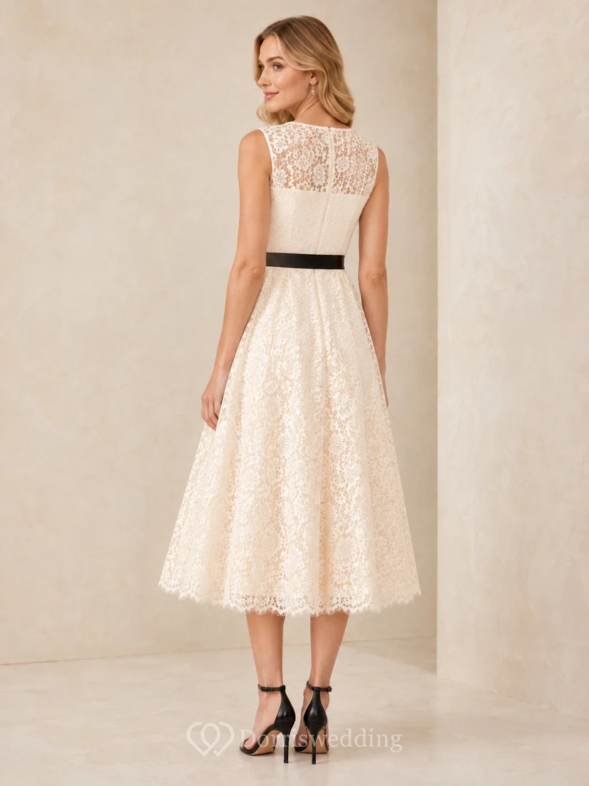Ivory Lace Tea-Length Homecoming Dress with High Neck Cap Sleeves Black Ribbon Waistband and A-Line Skirt view 2