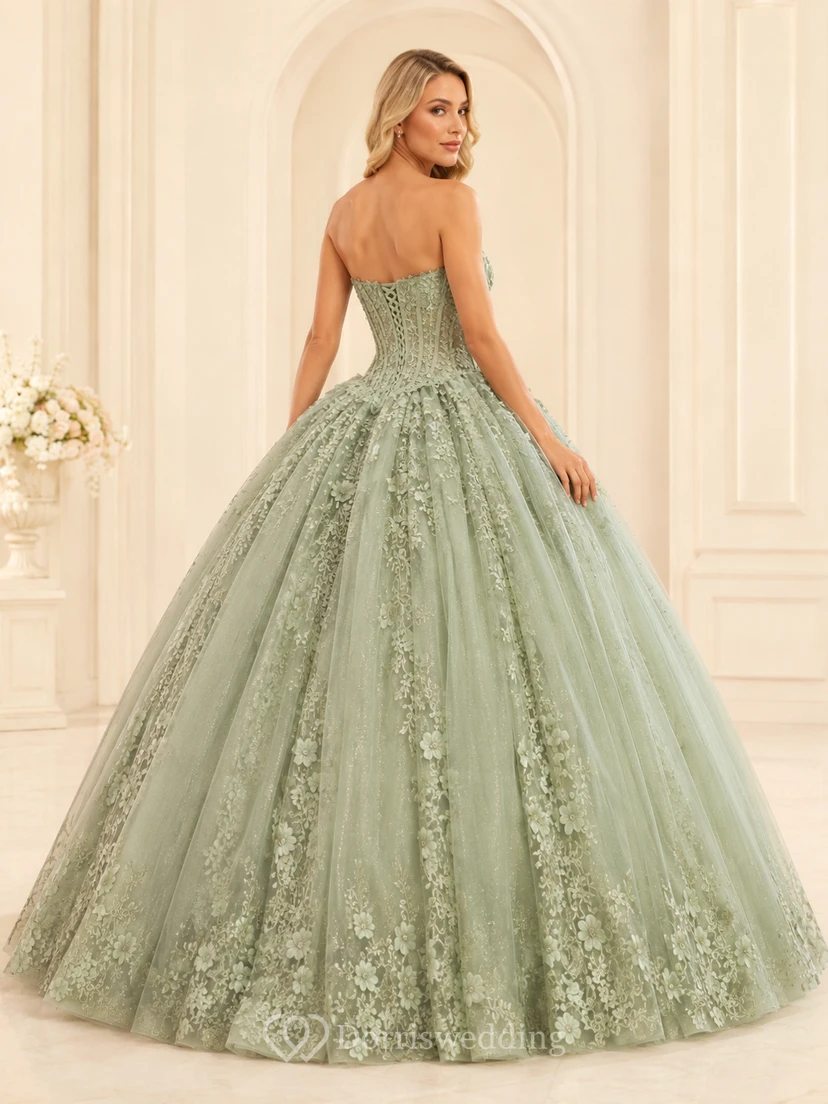 celadon Green Luxury Strapless Sweetheart Floral Lace Applique Princess Quinceanera Ball Gown view 2