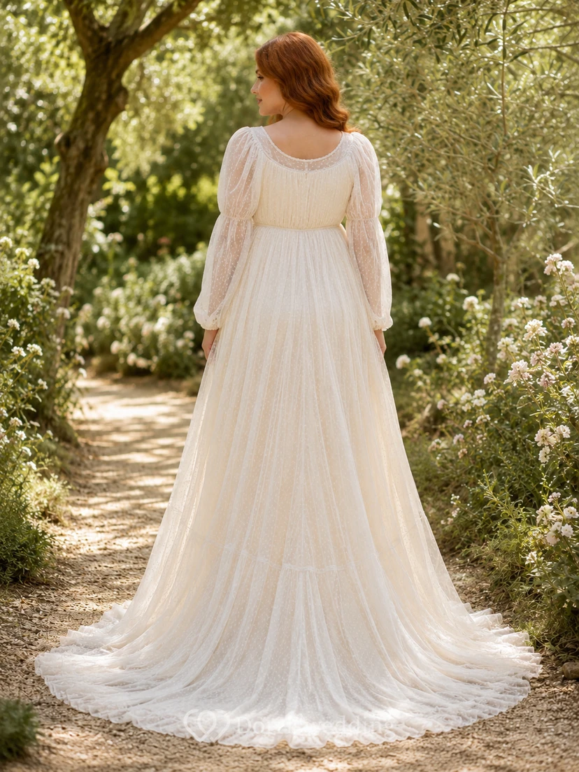 Maternity Modest Square Neck Long Sleeve Tulle Country Wedding Dress view 2
