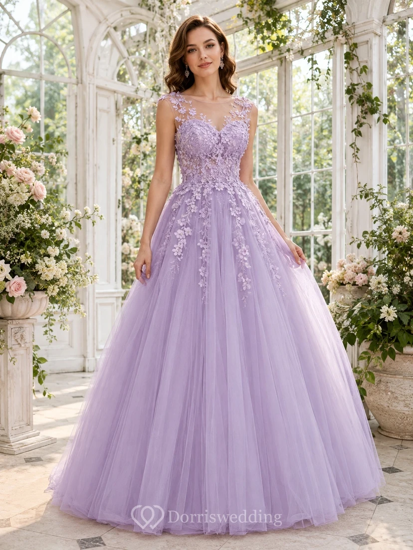 Lavender Sweetheart Sleeveless Tulle Ball Gown Floor-length Floral Reception Dress