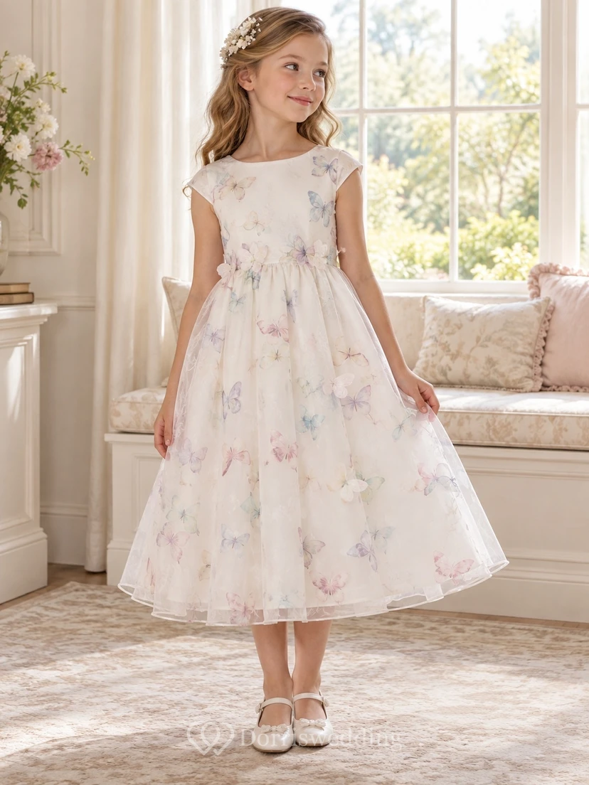 Tea-length Ivory Bateau Cap Sleeve Butterfly Bow Organza Flower Girl Dress