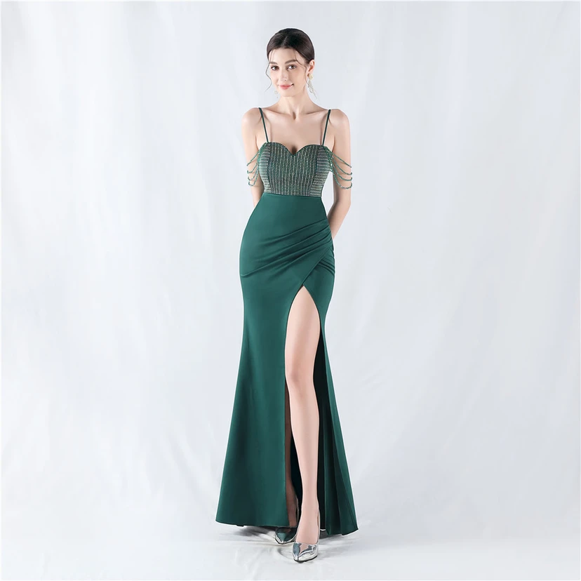 Hot Diamond Beaded High-Slit Satin Sexy Sling Evening Dress view 12