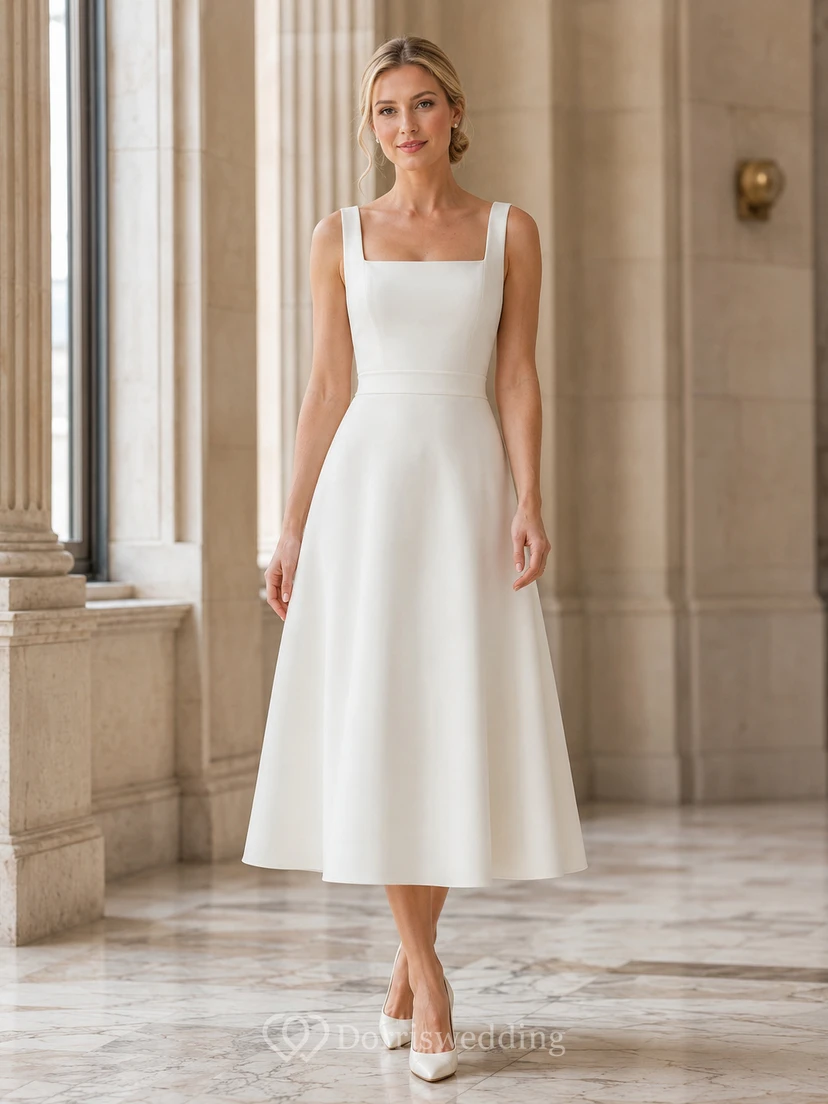 Robe de mariée civile simple en satin, longueur thé, col carré, sans manches, col carré, pour la mairie.