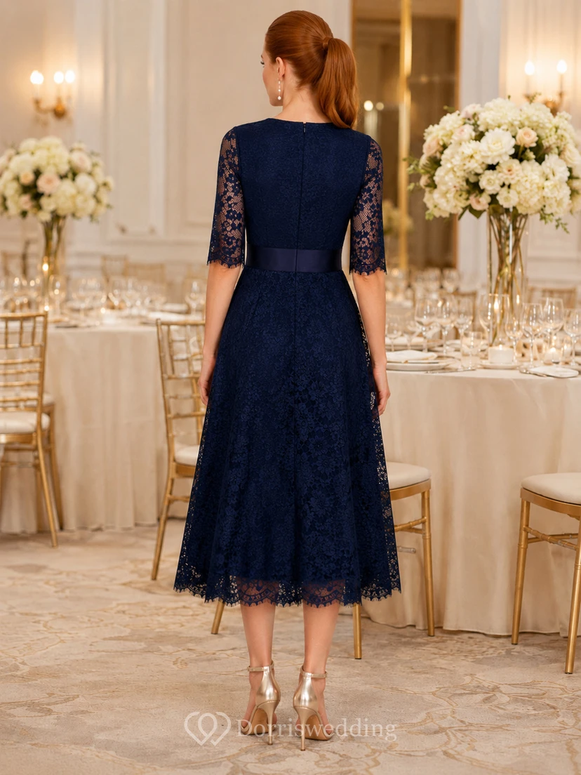 Dark Navy Lace V Neck Three Quarter Sleeve A Line Midi Dress view 2