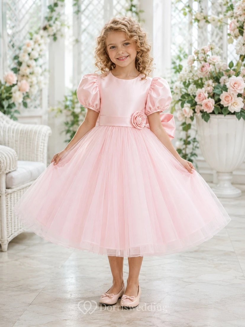 Pastel Pink Flower Girl Dress Tea-Length Tulle Ball Gown Puff Sleeve Satin Bow