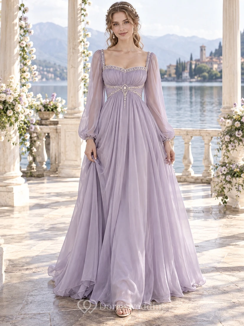 Vestido formal de gasa de manga larga y cuello cuadrado, estilo imperio, color lavanda, estilo renacentista.