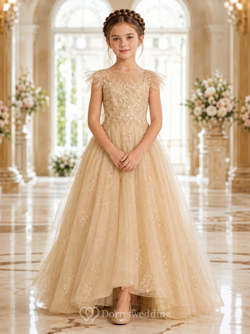 Robe de bal en tulle et dentelle champagne pour demoiselle d'honneur