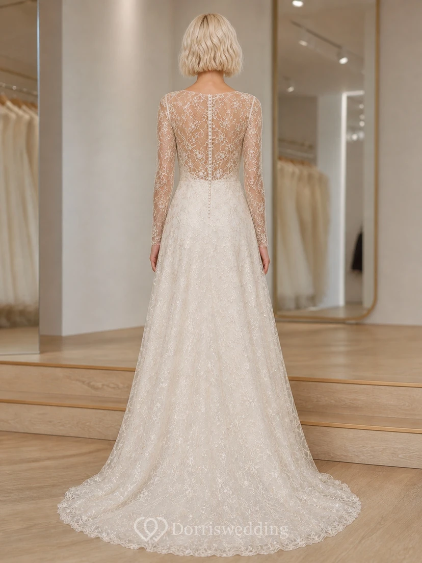 Vestido de novia modesto de manga larga y cuello alto con encaje para novias mayores view 2