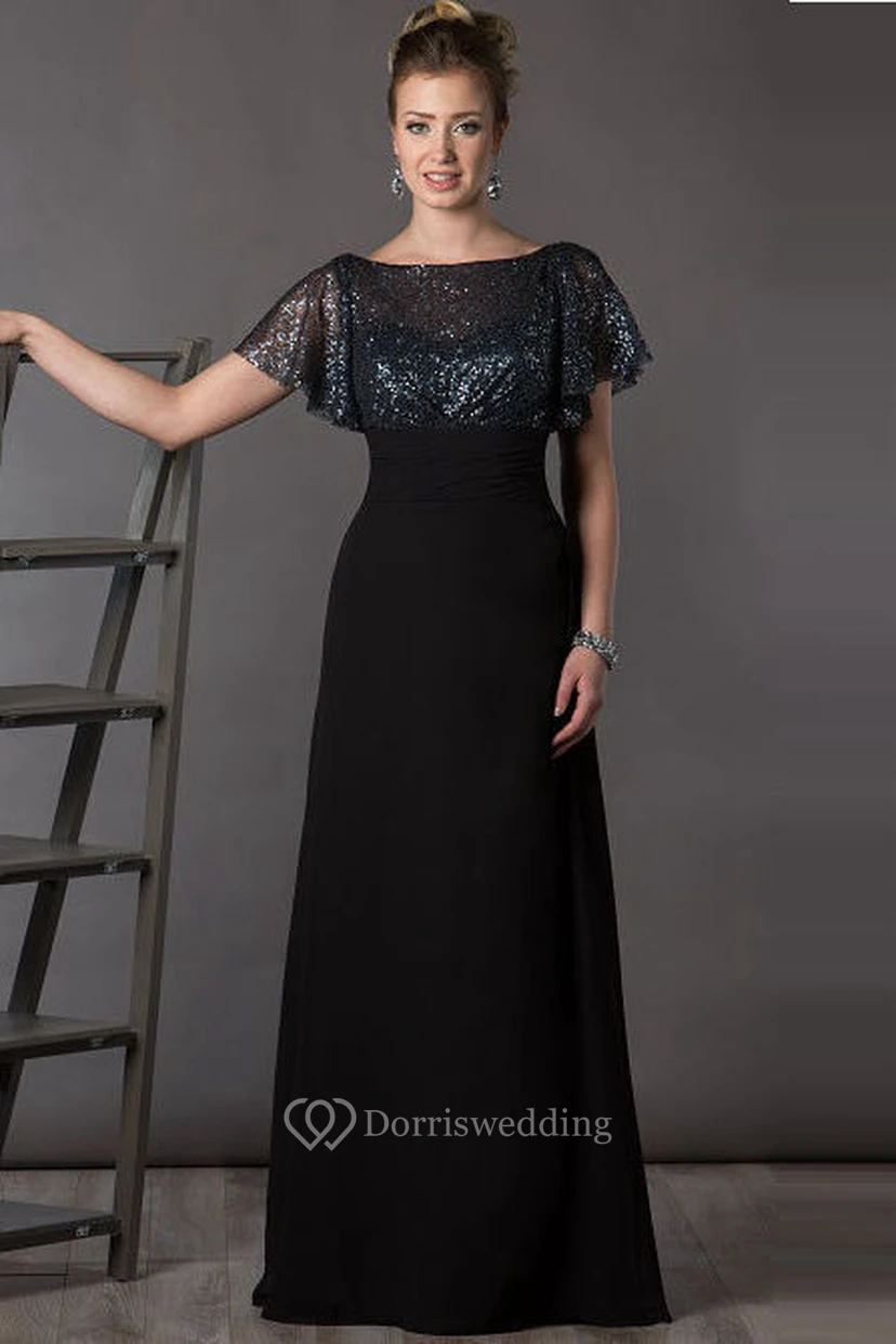 Bateau V Back Sequin Top Chiffon Long Mother Of The Bride Dress With Short Batwing Sleeve