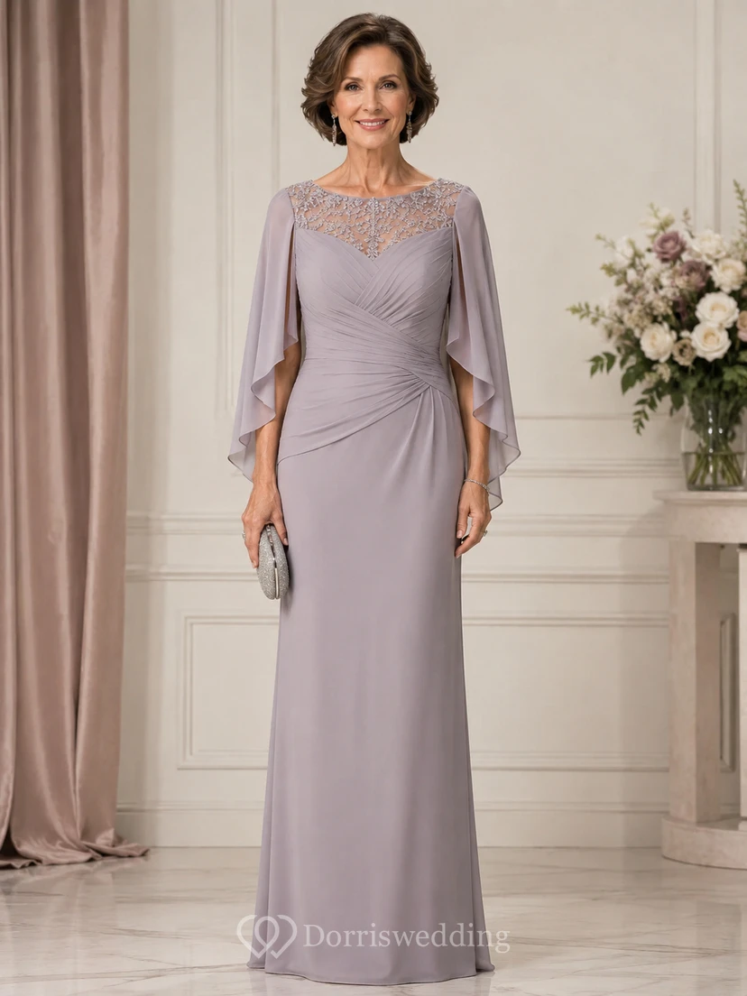 Lavender Beaded Cape Mother Gown Lavender Bateau Jewel Sheath Floor-length