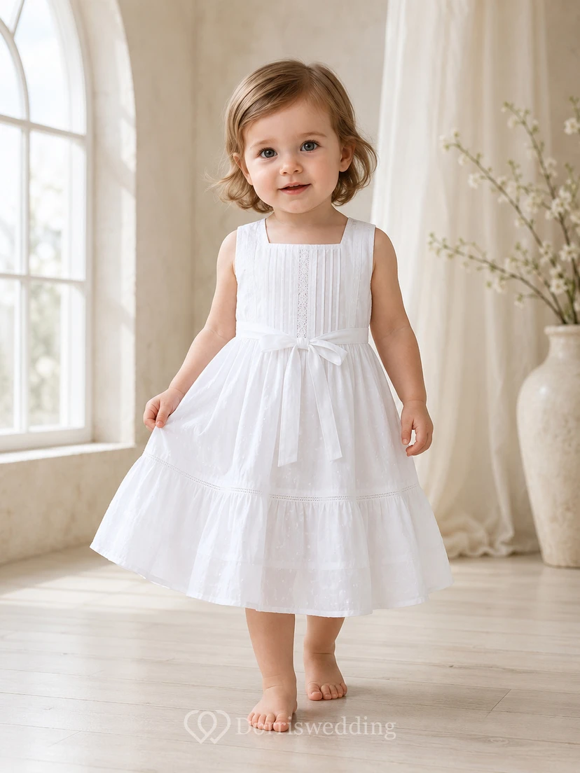 Robe de baptême bébé en batiste de coton, coupe trapèze, longueur thé, col carré, simple, adorable, élégante, sans manches