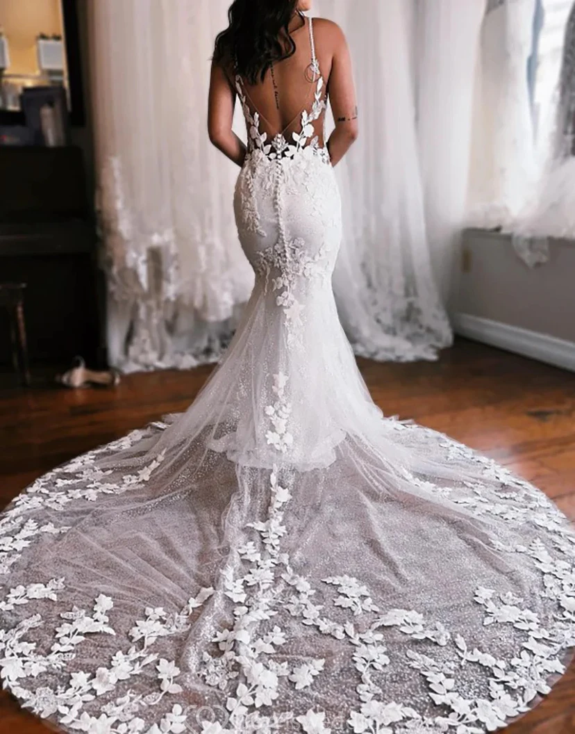 Illusion Lace Fit-and-Flare Wedding Dress with Plunging Neckline view 2