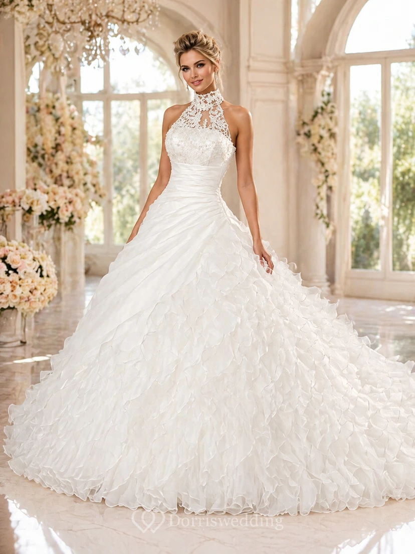 Gorgeous Ruffles Lace High Neck Wedding Dress Court Train Zipper