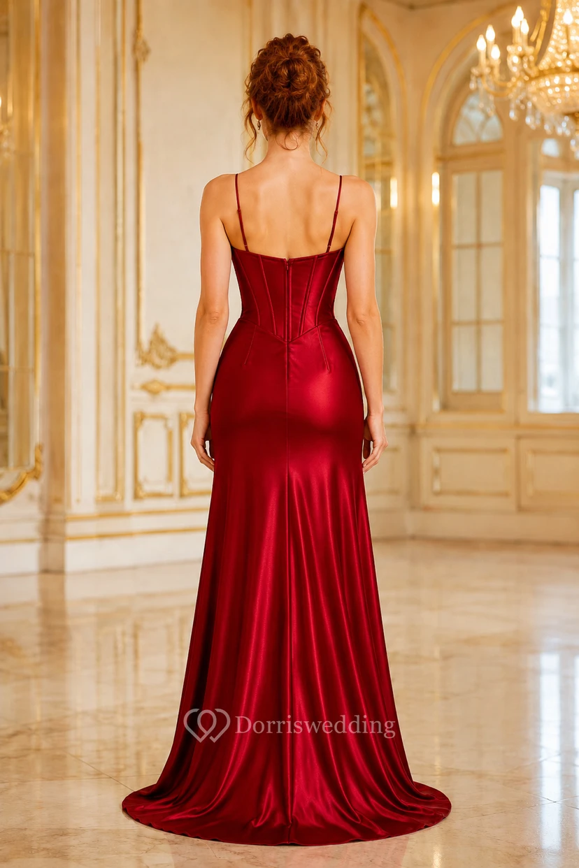 Red Spaghetti Strap Satin Sheath Formal Dress view 2