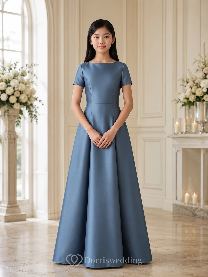Vestido de dama de honor juvenil azul pizarra, corte en A, manga corta color joya, satén elegante.