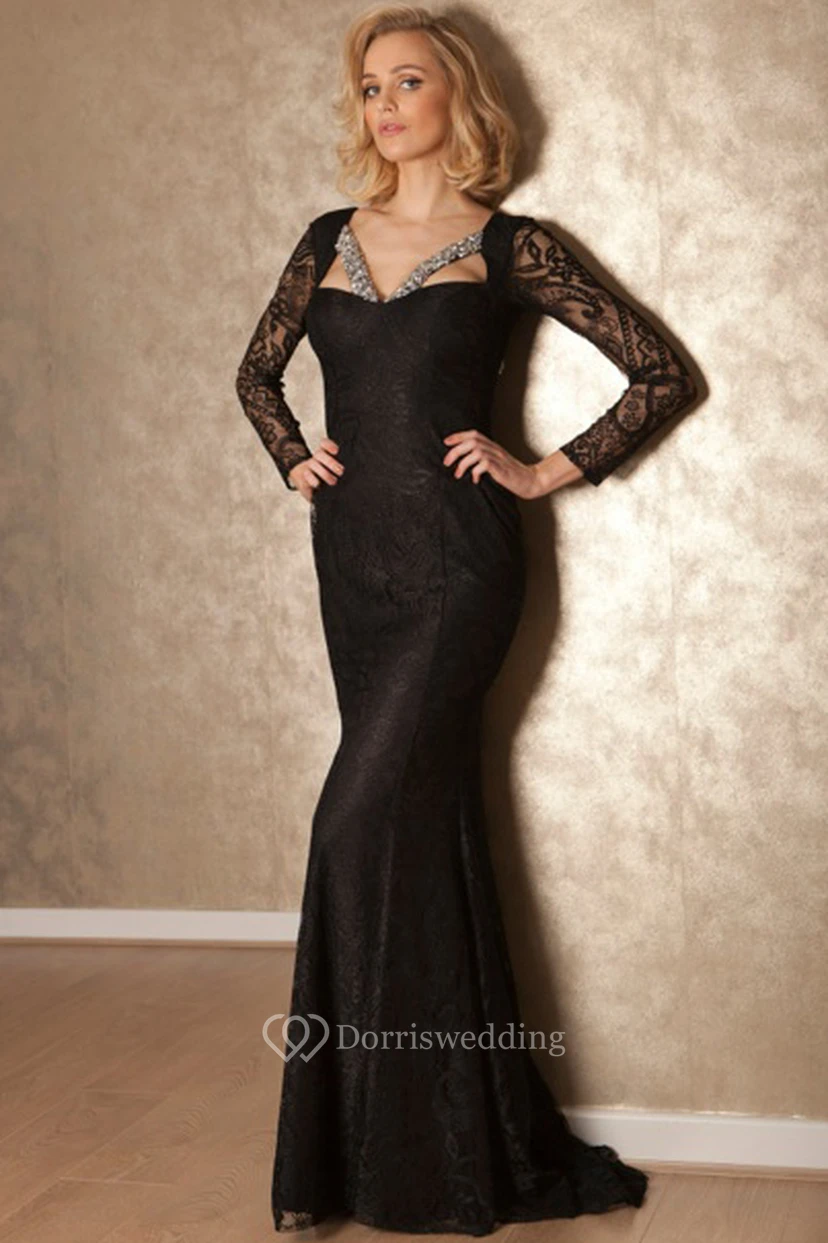 Sheath Maxi Long-Sleeve Beaded Lace Prom Dress