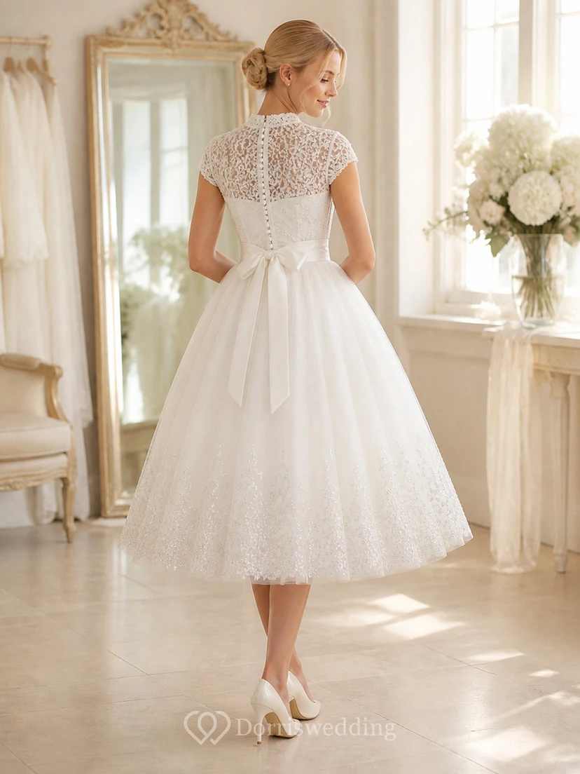 Vestido de novia modesto de corte A hasta la rodilla con cuello alto y mangas cortas view 2
