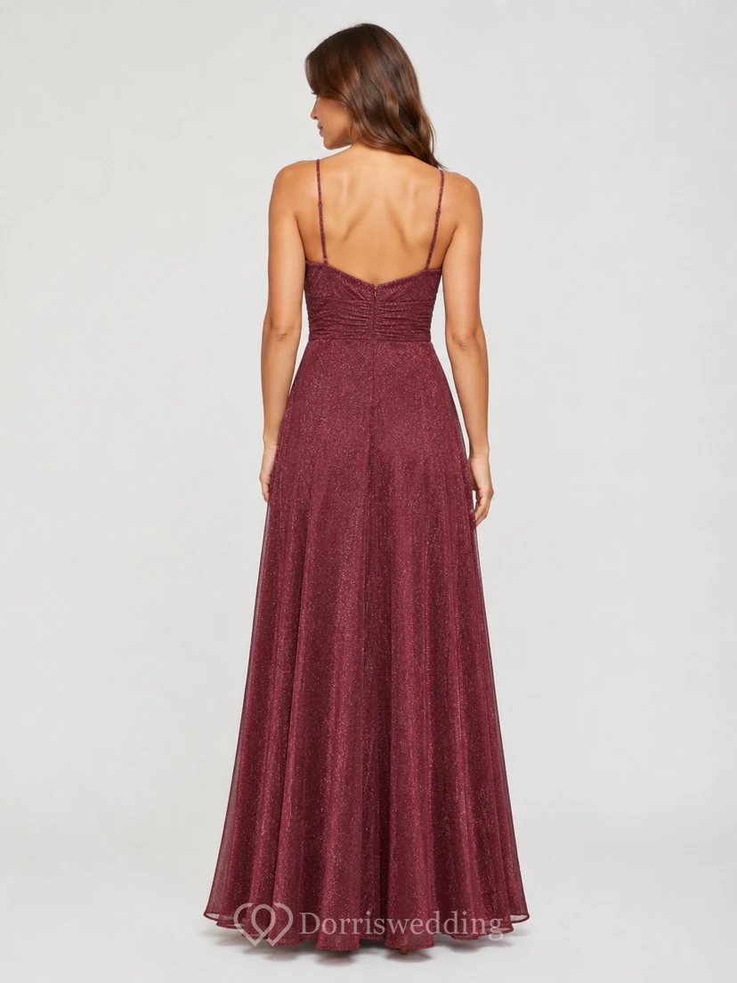 Burgundy Glitter Spaghetti Strap A-Line Formal Gown view 2