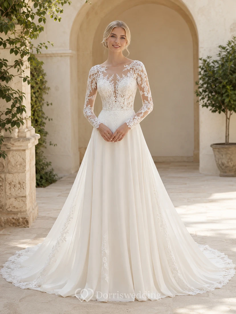 Robe de mariée raffinée en tulle fleuri à col bateau, manches longues transparentes et coupe trapèze, longueur au sol