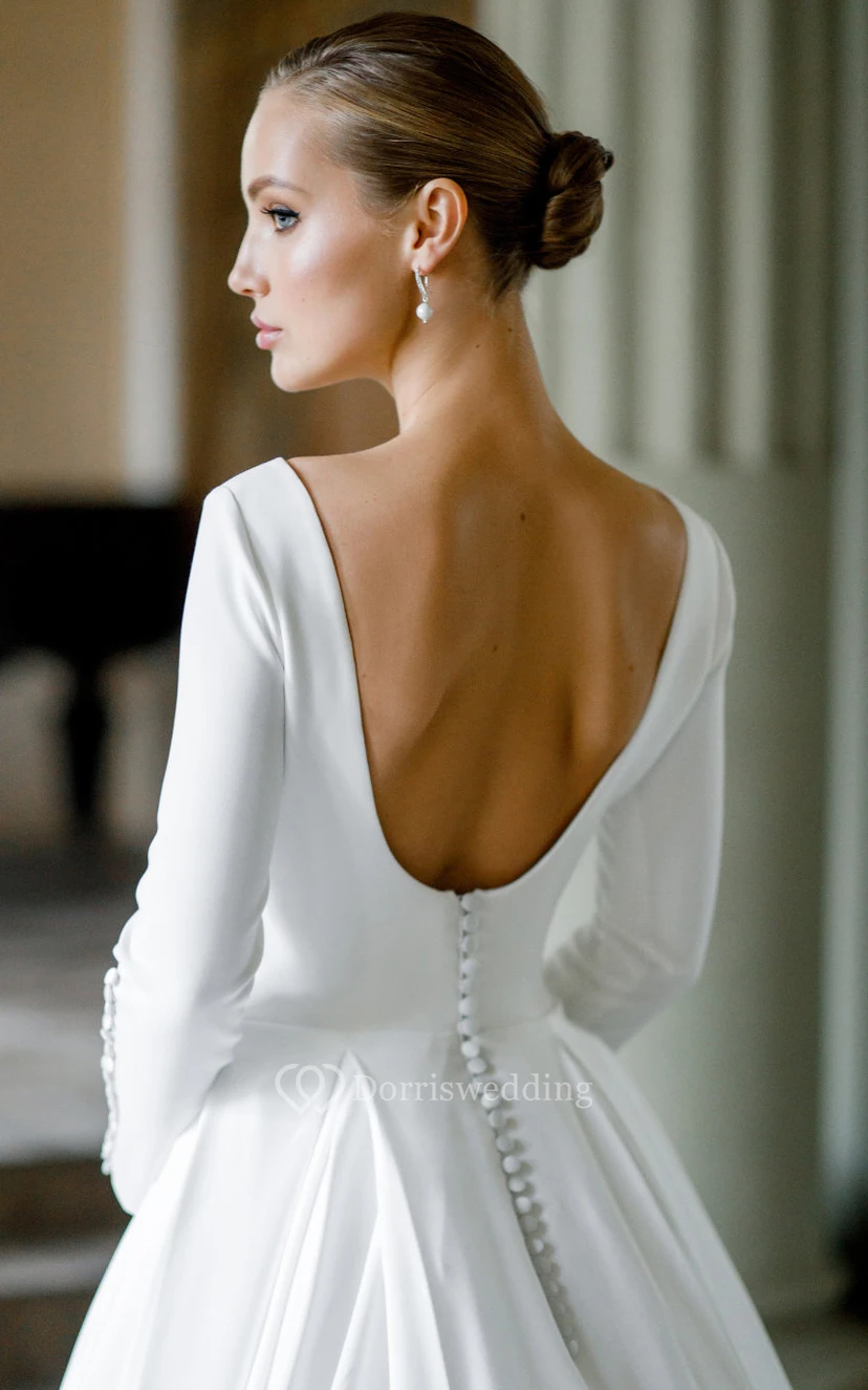 Simple Long Sleeve Satin Crepe Winter Ball Gown Wedding Dress view 2