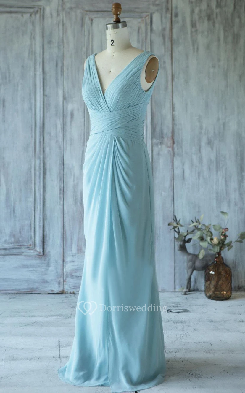 V Neck V Back Sheath Chiffon Long Dress With Ruching view 4