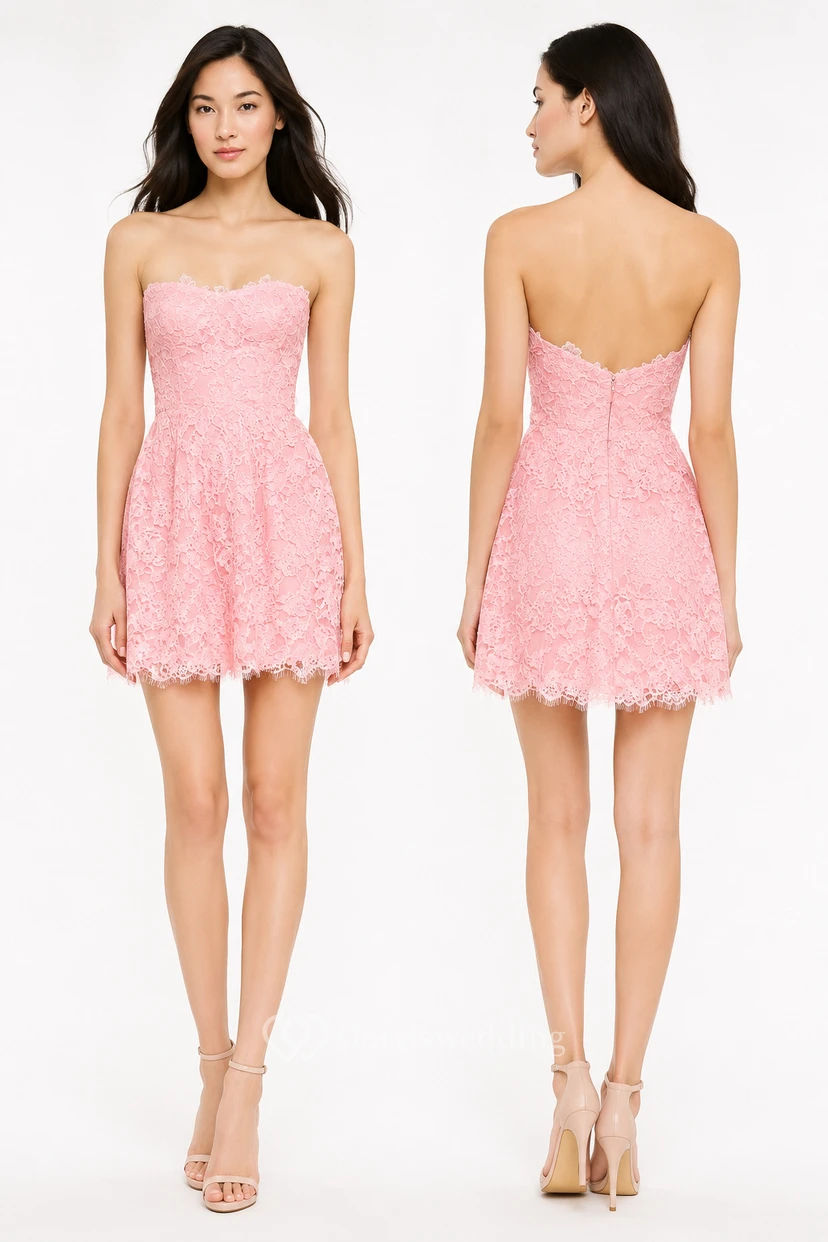 Short Strapless A-line Lace Dress With Low-V Back Style view 17