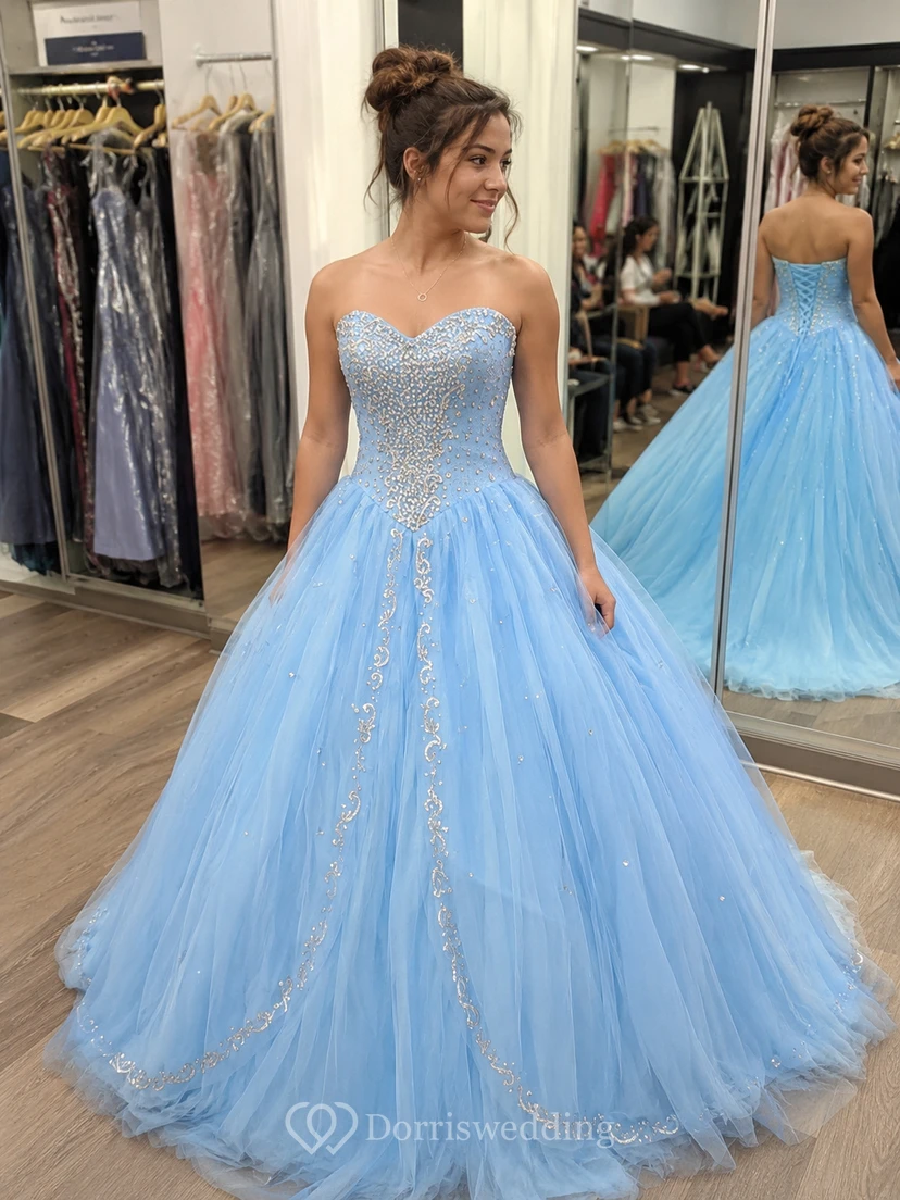 Ball Gown Long Sweetheart Sleeveless Bell Beading Appliques Lace-Up Back Tulle Lace Dress view 7