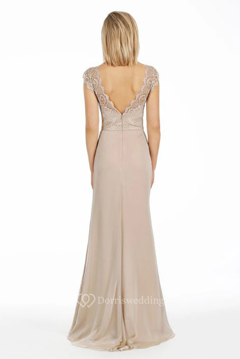 Sheath Bateau Neck Cap Sleeve Lace Chiffon Bridesmaid Dress view 2