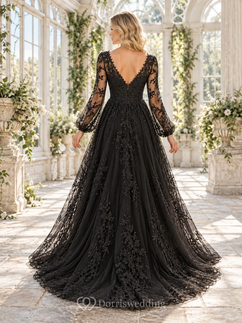 Black Long Poet Sleeve V-Neck Lace A-Line Wedding Dress view 2