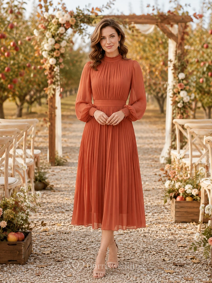Terracotta Long Sleeve Pleated Chiffon Midi Wedding Guest Dress