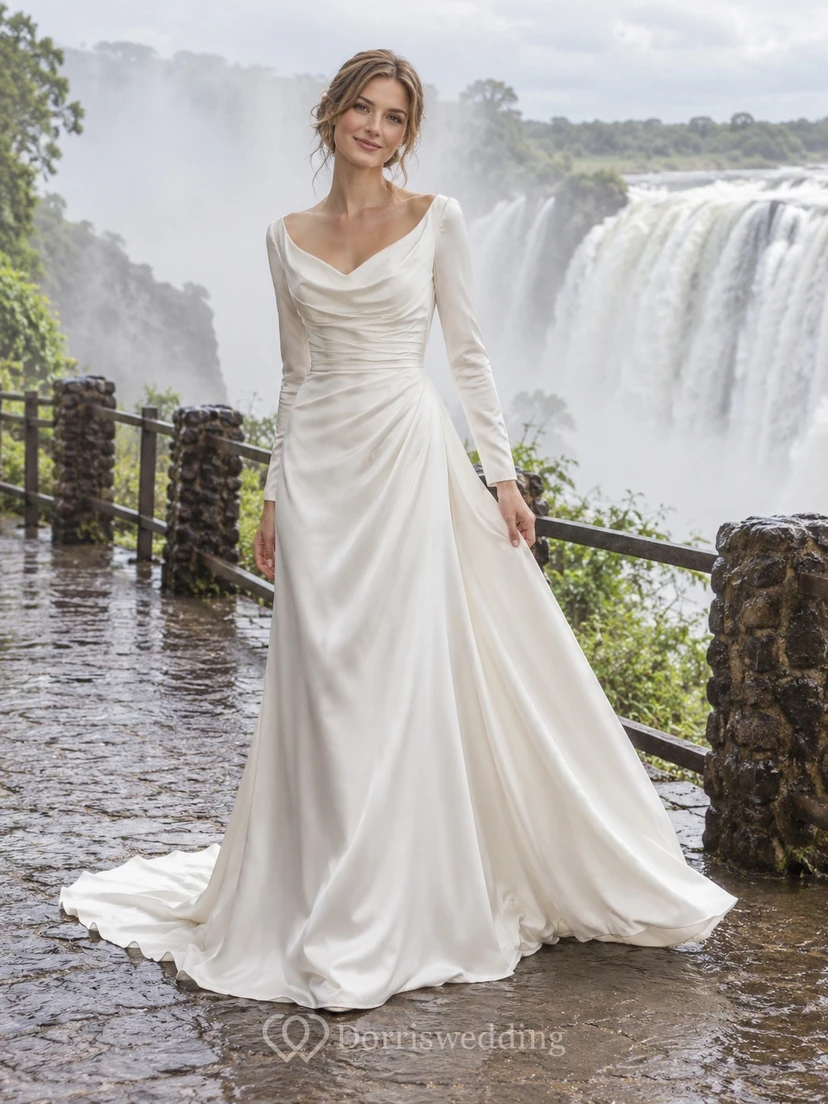 Vestido de novia sencillo de satén con cuello drapeado, manga larga, corte en A y cintura drapeada.