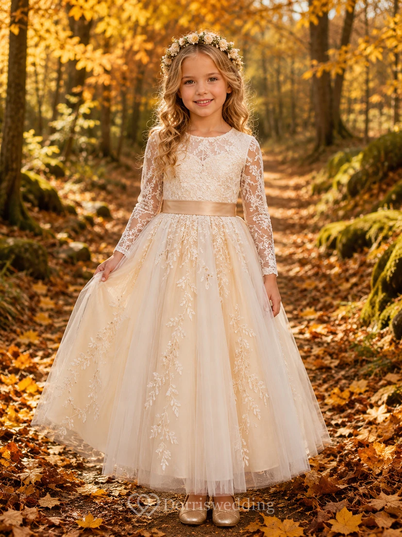 Elegant A-Line Flower Girl Dress with High Neck Long Sleeve Ivory Lace Tulle Autumn Ceremony